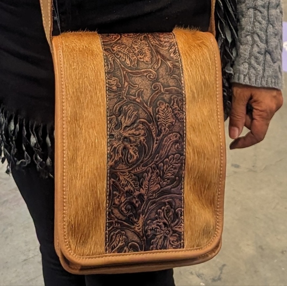 Luxury Italian Tooled Leather & Brazilian Cowhide Leather Crossbody Bag